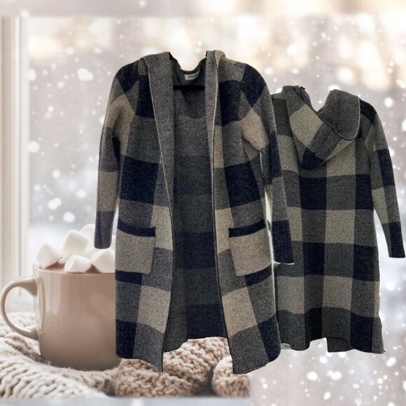 Cozy Monteau Black & White Plaid Hooded Long Sweater Cardigan Jacket - Picture 1 of 5